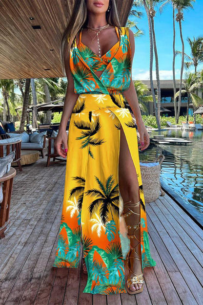 Conjunto informal de dos piezas con cuello en V, sin mangas, estampado de patchwork y frenillo (6 colores)