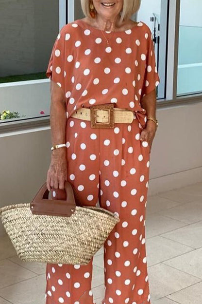 Conjunto informal de dos piezas con cuello redondo, manga corta y lunares (5 colores)