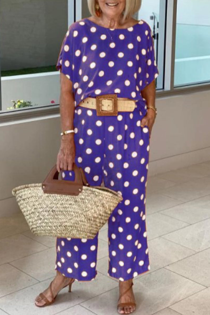 Conjunto informal de dos piezas con cuello redondo, manga corta y lunares (5 colores)