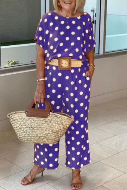 Conjunto informal de dos piezas con cuello redondo, manga corta y lunares (5 colores)