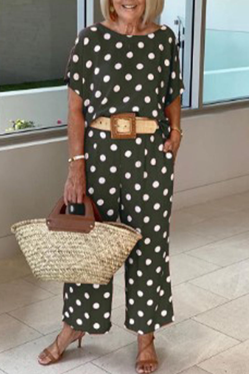 Conjunto informal de dos piezas con cuello redondo, manga corta y lunares (5 colores)