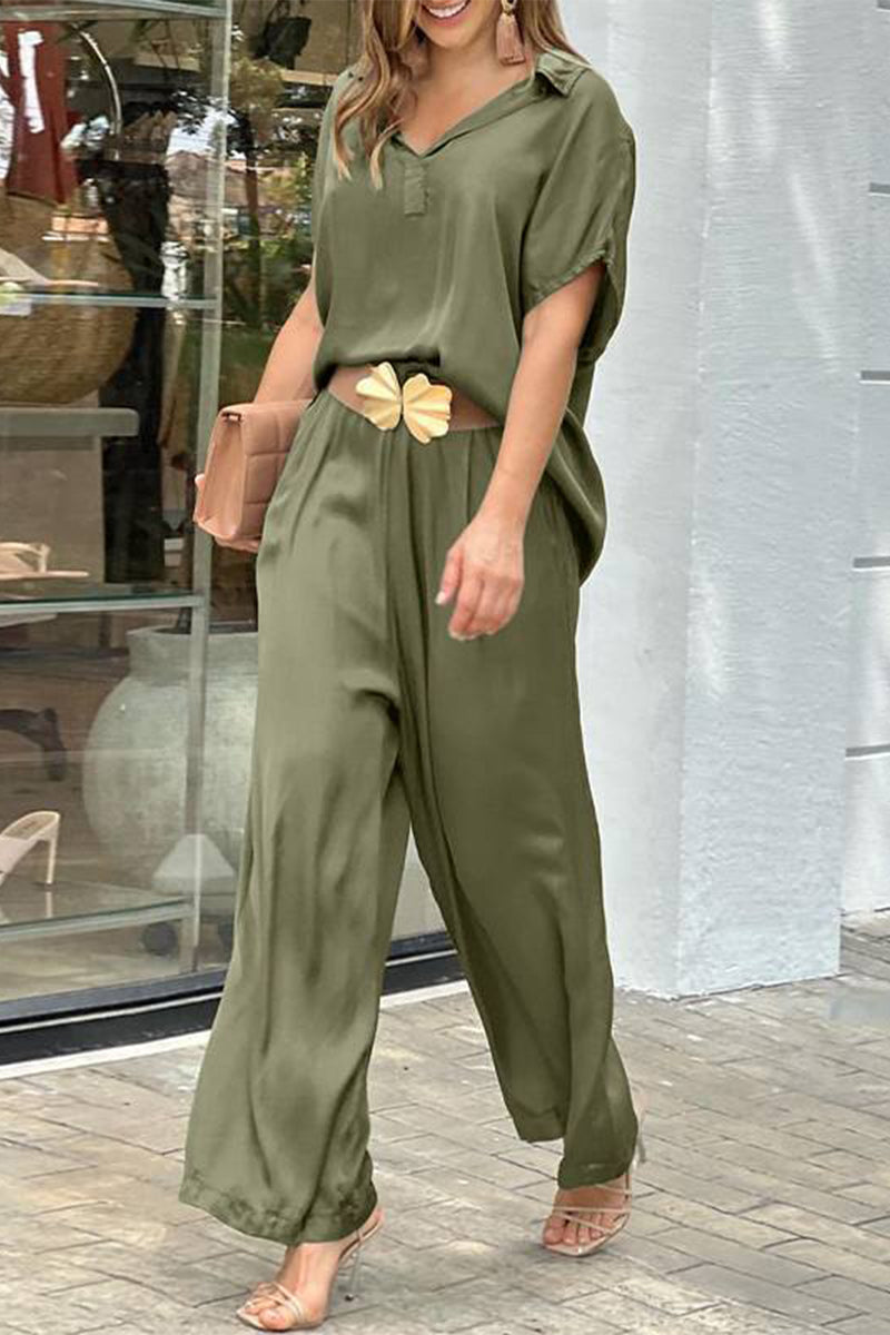 Conjunto informal sencillo de dos piezas, liso, sin cinturón, cuello en V, manga corta (3 colores)