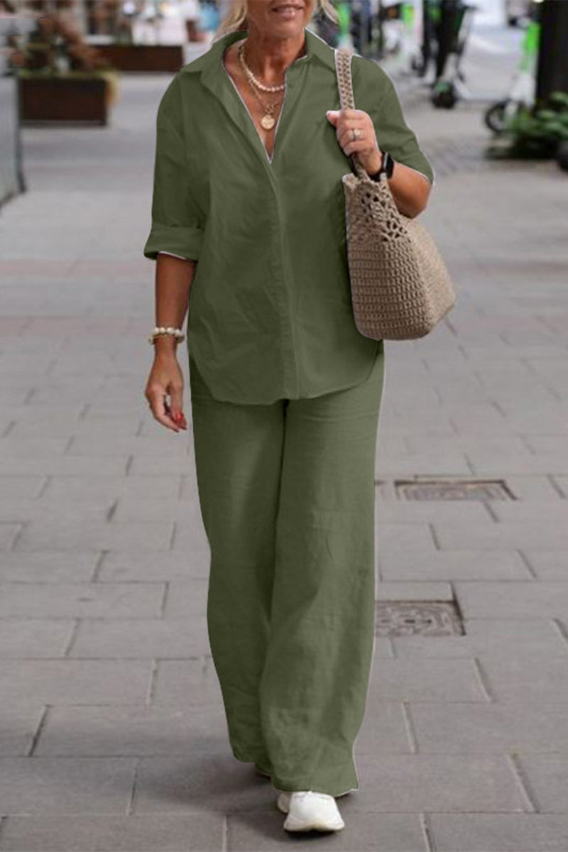 Conjunto informal de dos piezas de manga larga con cuello vuelto y estampado liso para calle