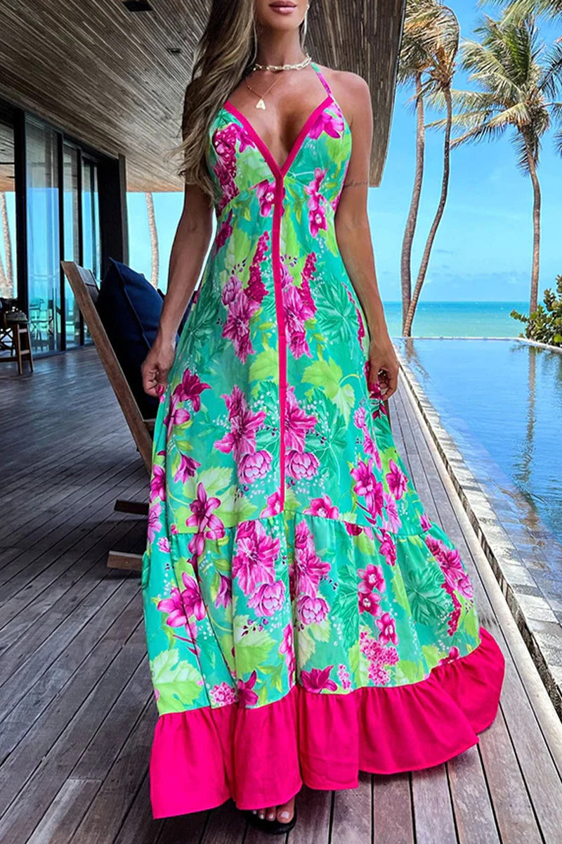 Vestido playero sexy con escote en V y espalda descubierta con estampado de vacaciones (3 colores)