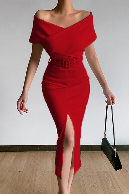 Vestidos sexis elegantes de un solo color con cinturón, escote en V y falda de un solo paso (8 colores)