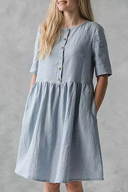 Vestido informal de calle con bolsillos sólidos, hebilla, cuello redondo, corte A, manga corta