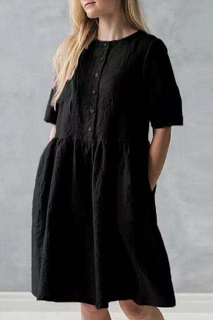 Vestido informal de calle con bolsillos sólidos, hebilla, cuello redondo, corte A, manga corta