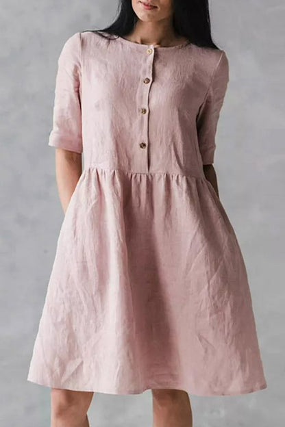 Vestido informal de calle con bolsillos sólidos, hebilla, cuello redondo, corte A, manga corta