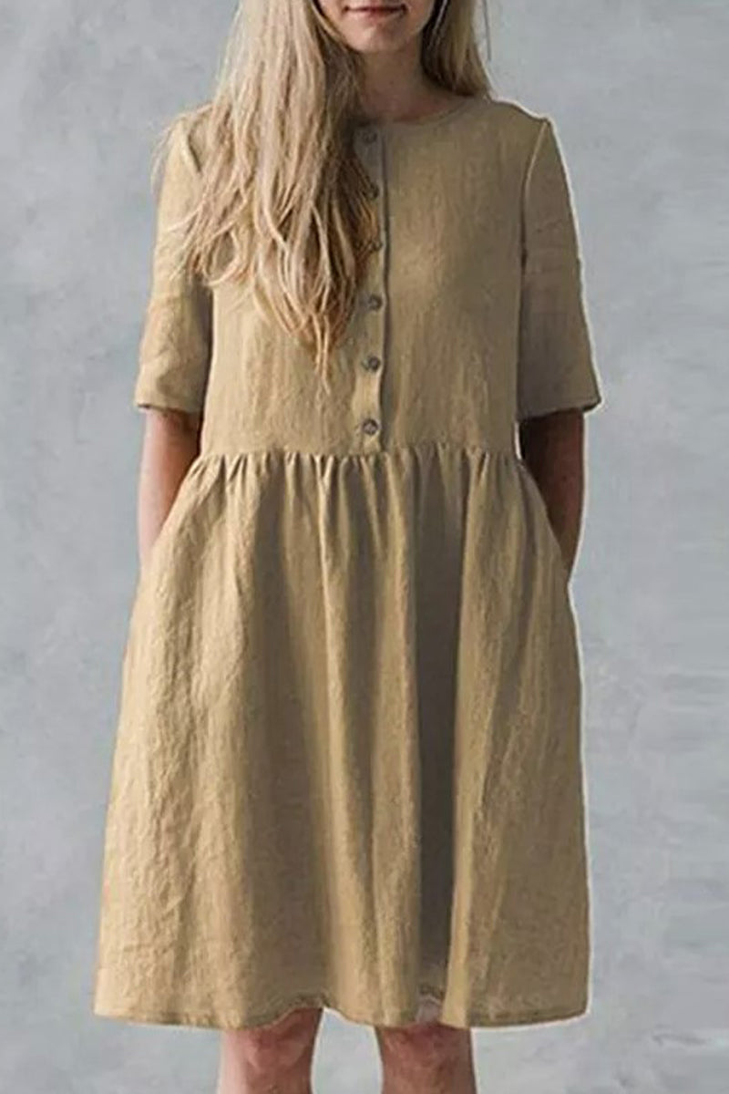 Vestido informal de calle con bolsillos sólidos, hebilla, cuello redondo, corte A, manga corta