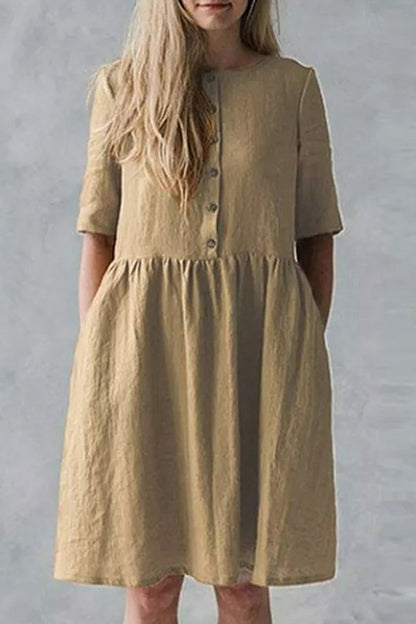 Vestido informal de calle con bolsillos sólidos, hebilla, cuello redondo, corte A, manga corta