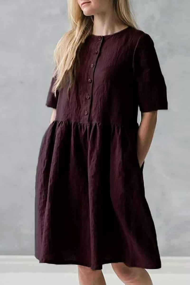 Vestido informal de calle con bolsillos sólidos, hebilla, cuello redondo, corte A, manga corta