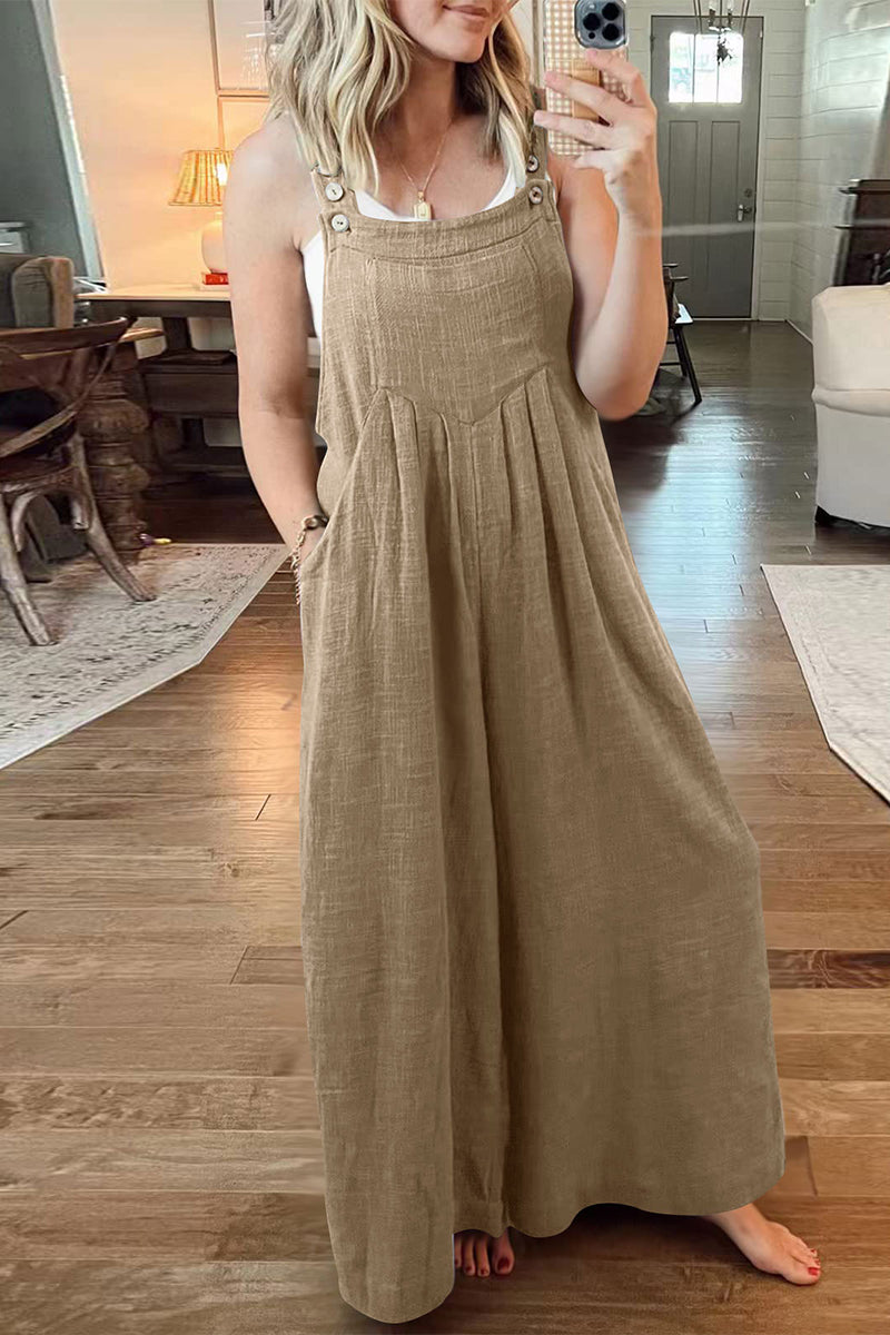 Monos holgados informales de calle con cuello cuadrado y bolsillos lisos