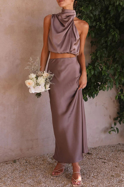 Celebridades Elegante Color Sólido Halter Sin Mangas Dos Piezas