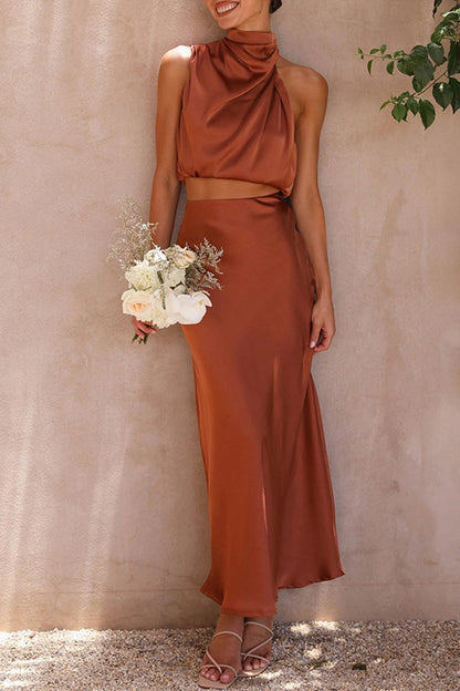 Celebridades Elegante Color Sólido Halter Sin Mangas Dos Piezas