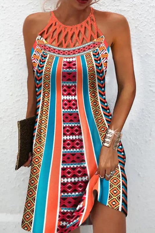 Elegante vestido universitario con estampado de tótem nacional y cuello halter (10 colores)