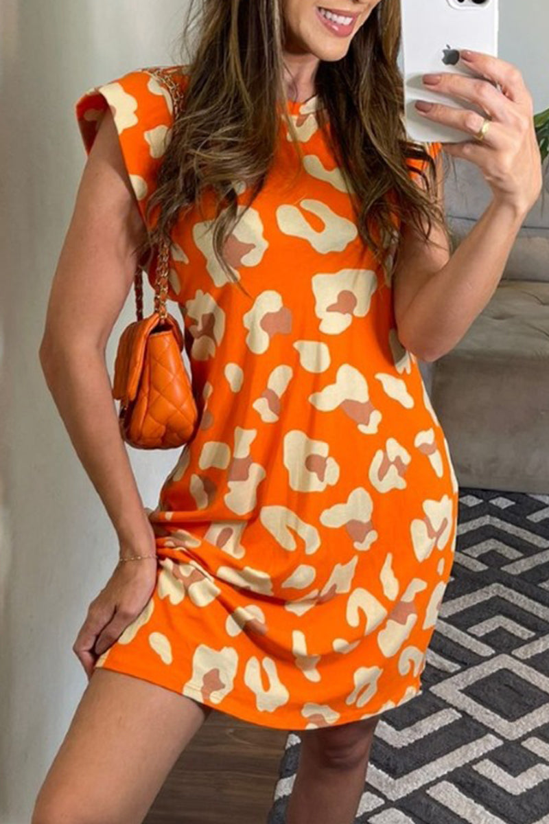Vestido informal de manga corta con cuello redondo y estampado de leopardo (7 colores)