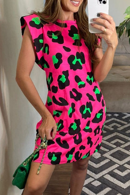 Vestido informal de manga corta con cuello redondo y estampado de leopardo (7 colores)