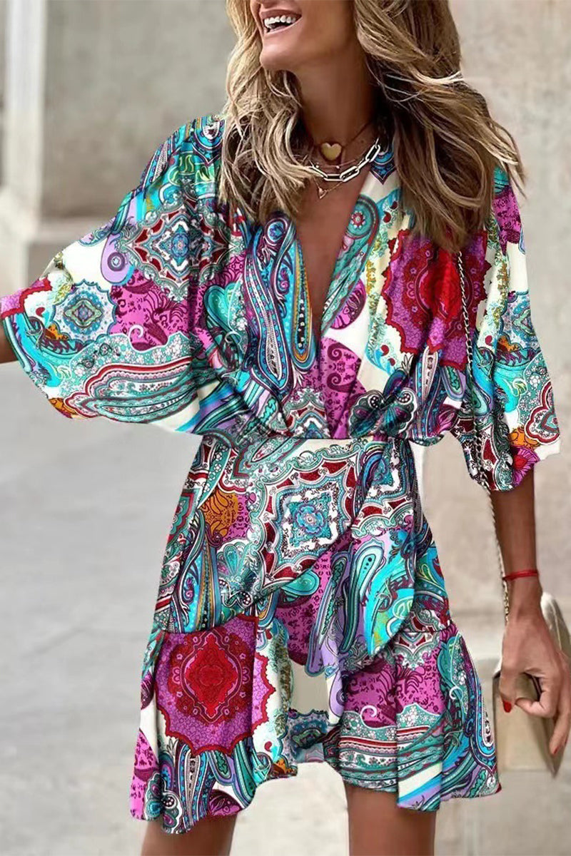 Vestido elegante con cuello en V irregular y diseño de patchwork geométrico (6 colores)