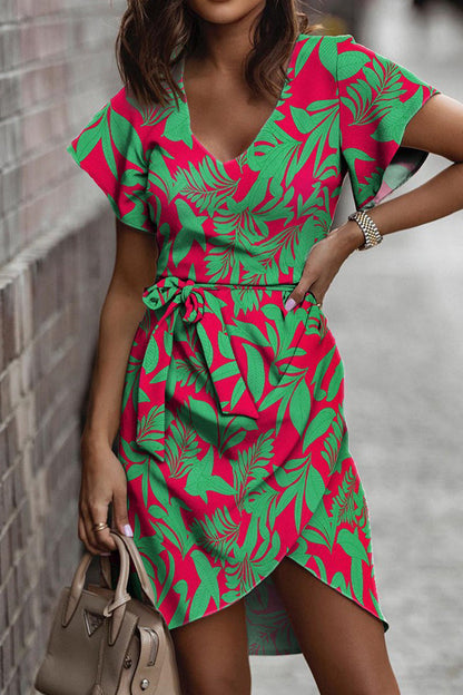 Vestido informal con estampado de patchwork, cuello en V, irregular, frenillo (5 colores)