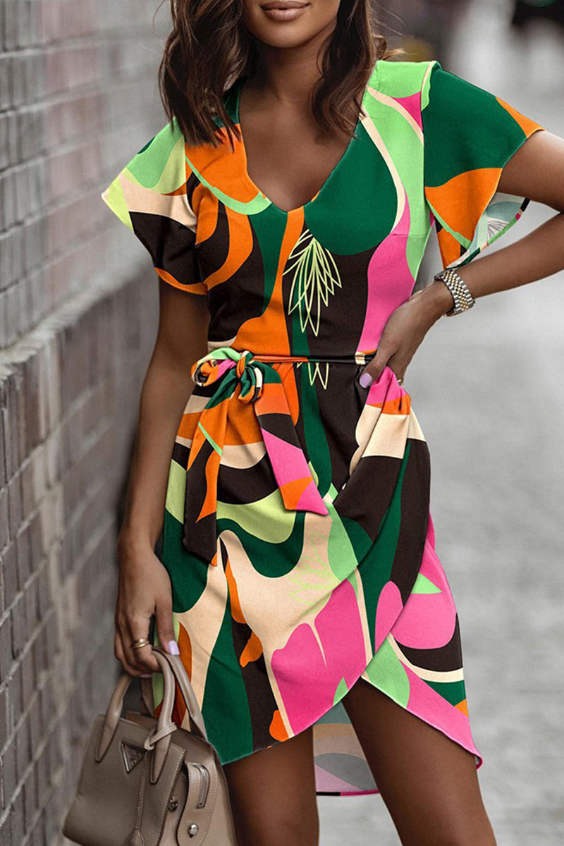 Vestido informal con estampado de patchwork, cuello en V, irregular, frenillo (5 colores)