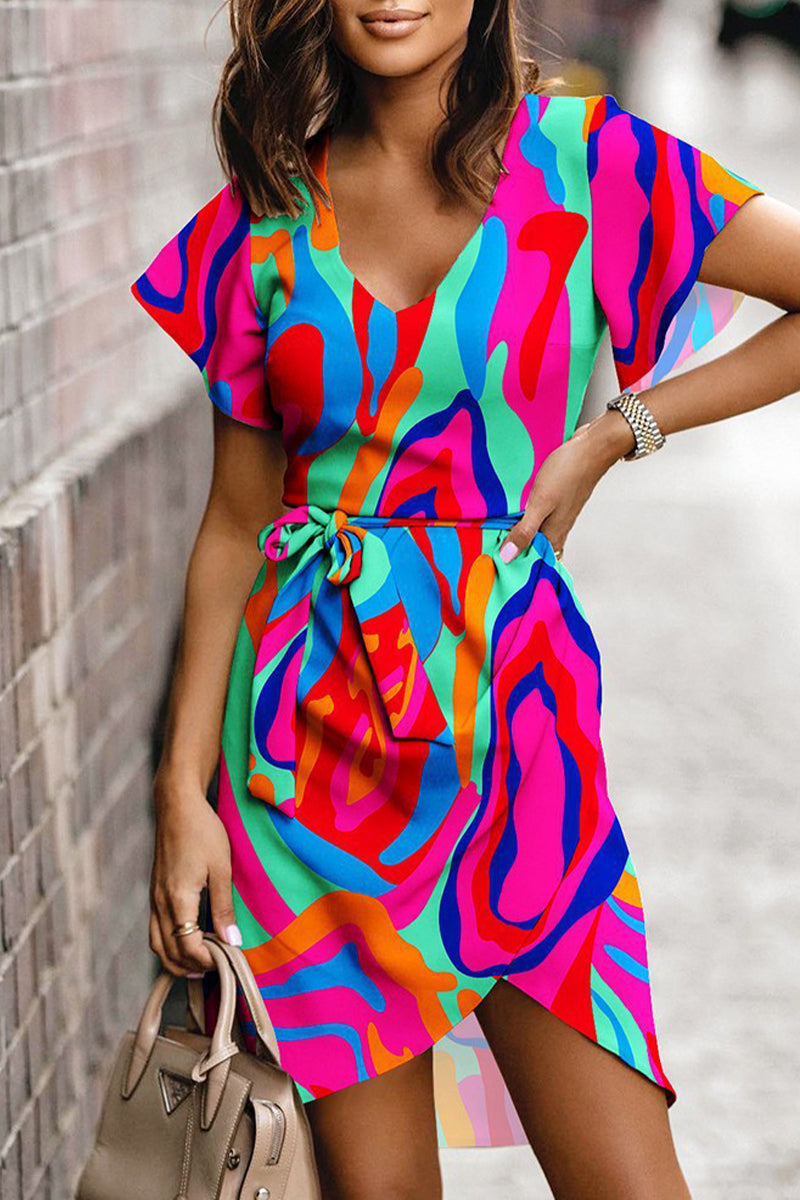 Vestido informal con estampado de patchwork, cuello en V, irregular, frenillo (5 colores)