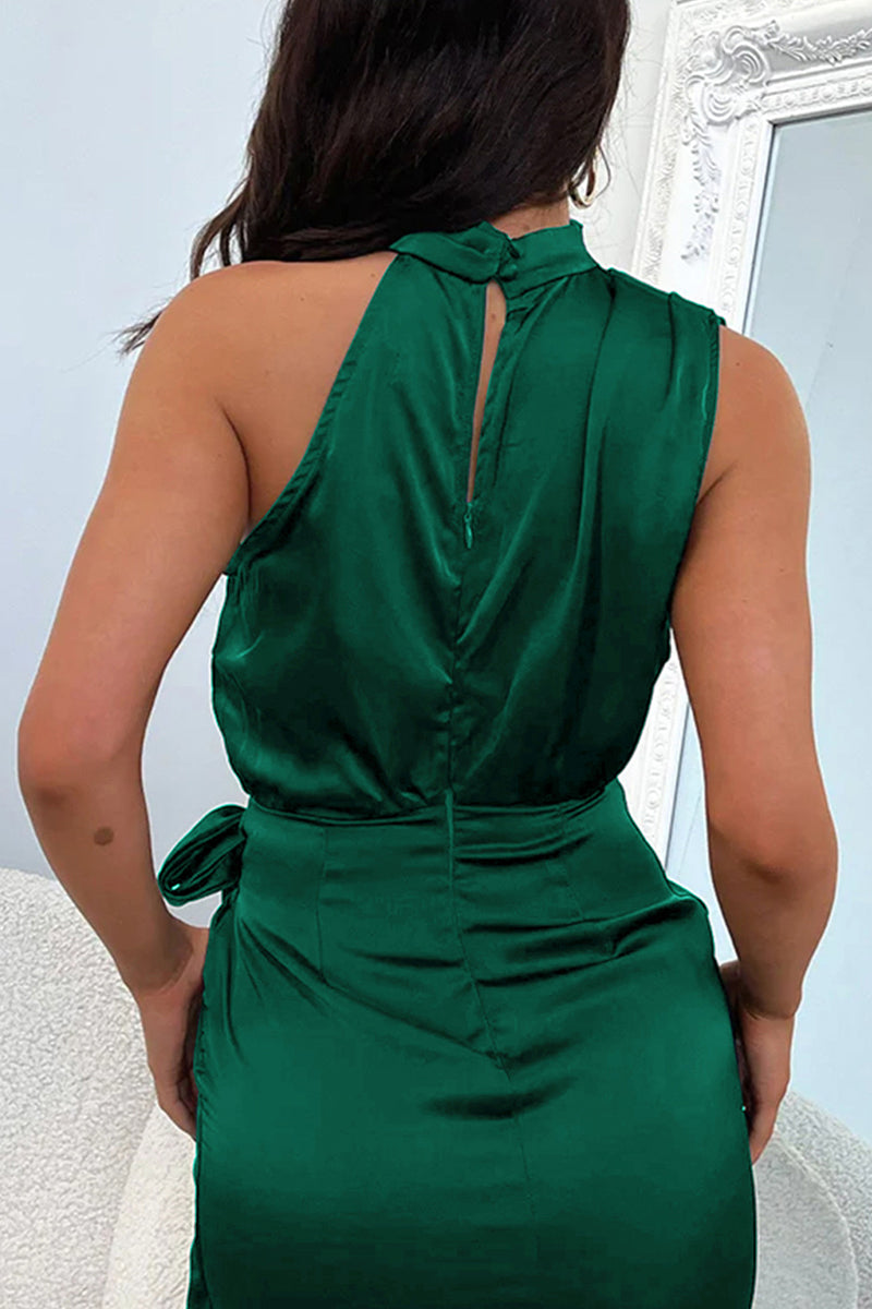 Vestidos elegantes de celebridades con cuello halter, línea A y pliegues sólidos