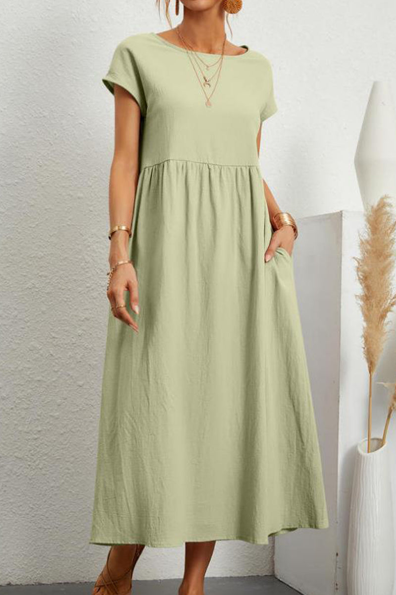 Vestido informal de manga corta con cuello redondo y bolsillos lisos para uso diario (11 colores)