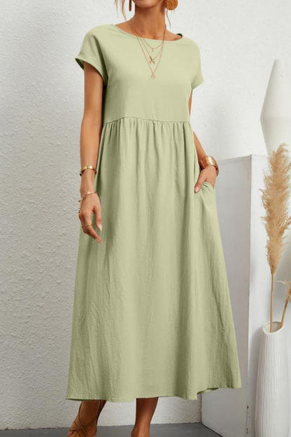 Vestido informal de manga corta con cuello redondo y bolsillos lisos para uso diario (11 colores)