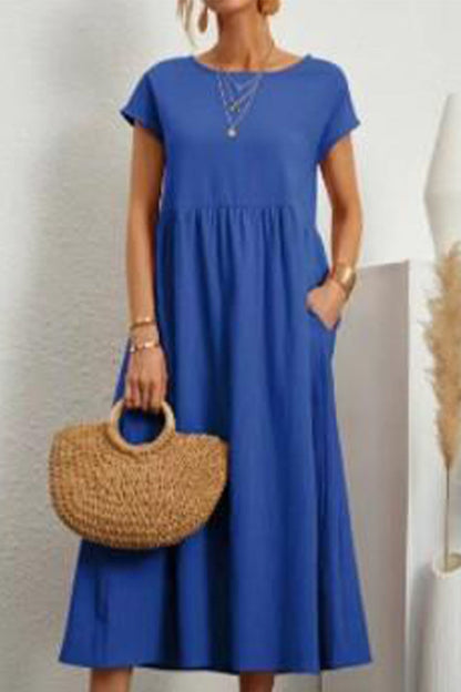 Vestido informal de manga corta con cuello redondo y bolsillos lisos para uso diario (11 colores)