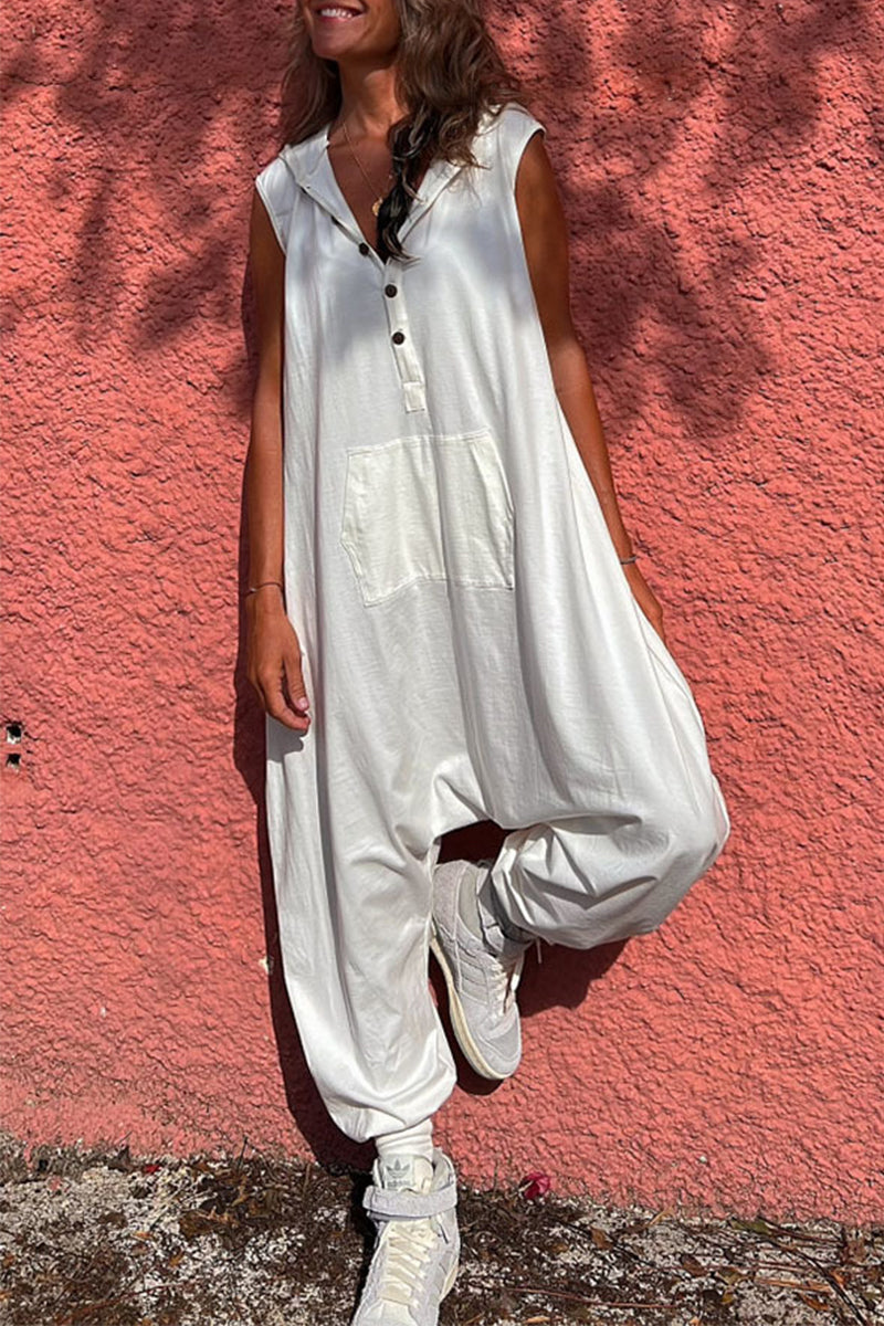 Monos holgados con cuello y capucha y bolsillos sólidos de ropa deportiva informal