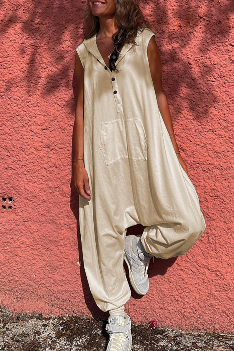 Monos holgados con cuello y capucha y bolsillos sólidos de ropa deportiva informal