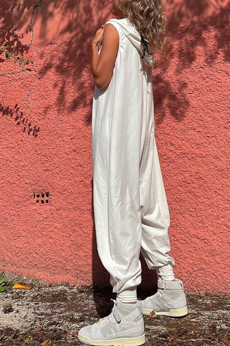 Monos holgados con cuello y capucha y bolsillos sólidos de ropa deportiva informal
