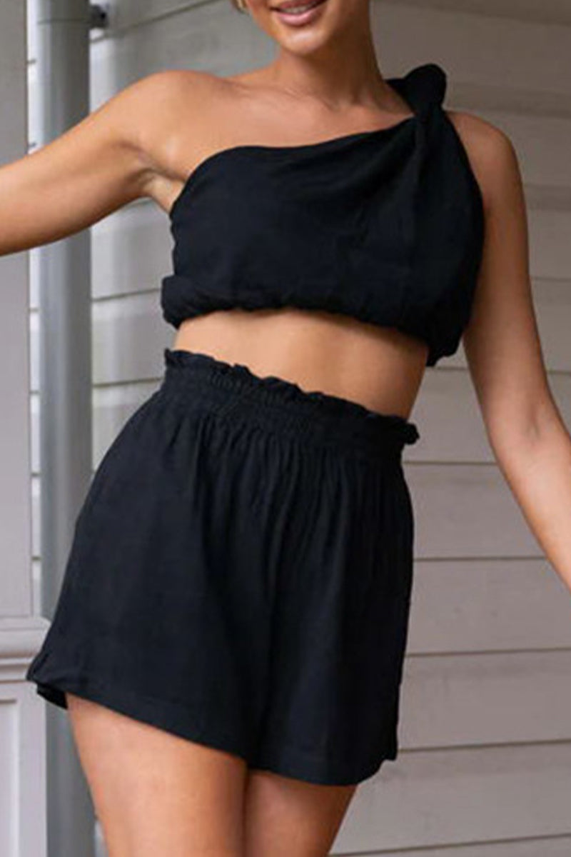 Conjunto informal de dos piezas con cuello oblicuo, sin mangas, color liso, con bolsillos y bolsillos sólidos para uso diario