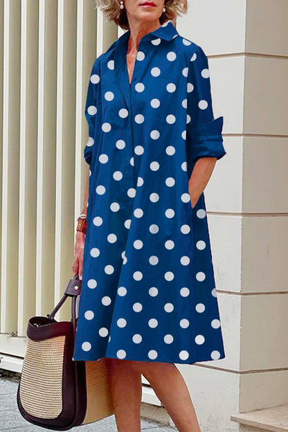 Casual Polka Dot Pocket Contrast Turndown Collar A Line Dresses(10 Colors)