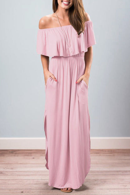 Vestidos sexis casuales de corte A con hombros descubiertos, bolsillos sólidos y volantes