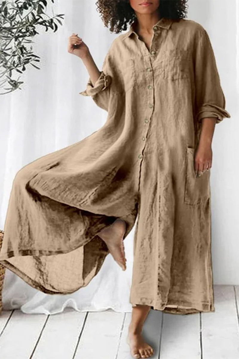 Mono informal holgado con cuello vuelto, bolsillos y botones, para vacaciones (3 colores)