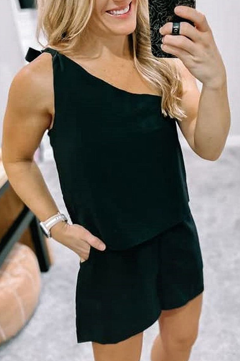 Conjunto informal de dos piezas sin mangas con cuello oblicuo, bolsillo liso y diario