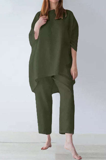 Conjunto de dos piezas informal de color liso con cuello redondo y media manga