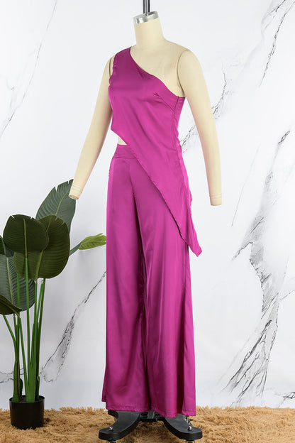 Conjunto informal de dos piezas sin mangas con cuello oblicuo y parches lisos para vacaciones (6 colores)