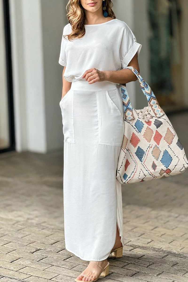 Conjunto informal de dos piezas con cuello redondo y bolsillos lisos para vacaciones