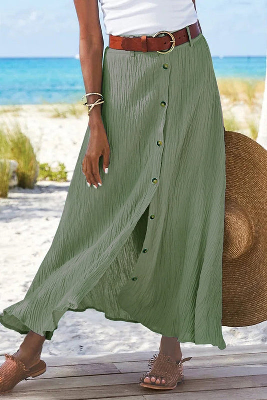 Pantalones casuales de vacaciones con hebilla sólida, sueltos, de cintura alta, tipo A, de color sólido