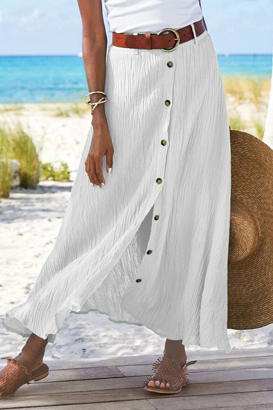 Pantalones casuales de vacaciones con hebilla sólida, sueltos, de cintura alta, tipo A, de color sólido