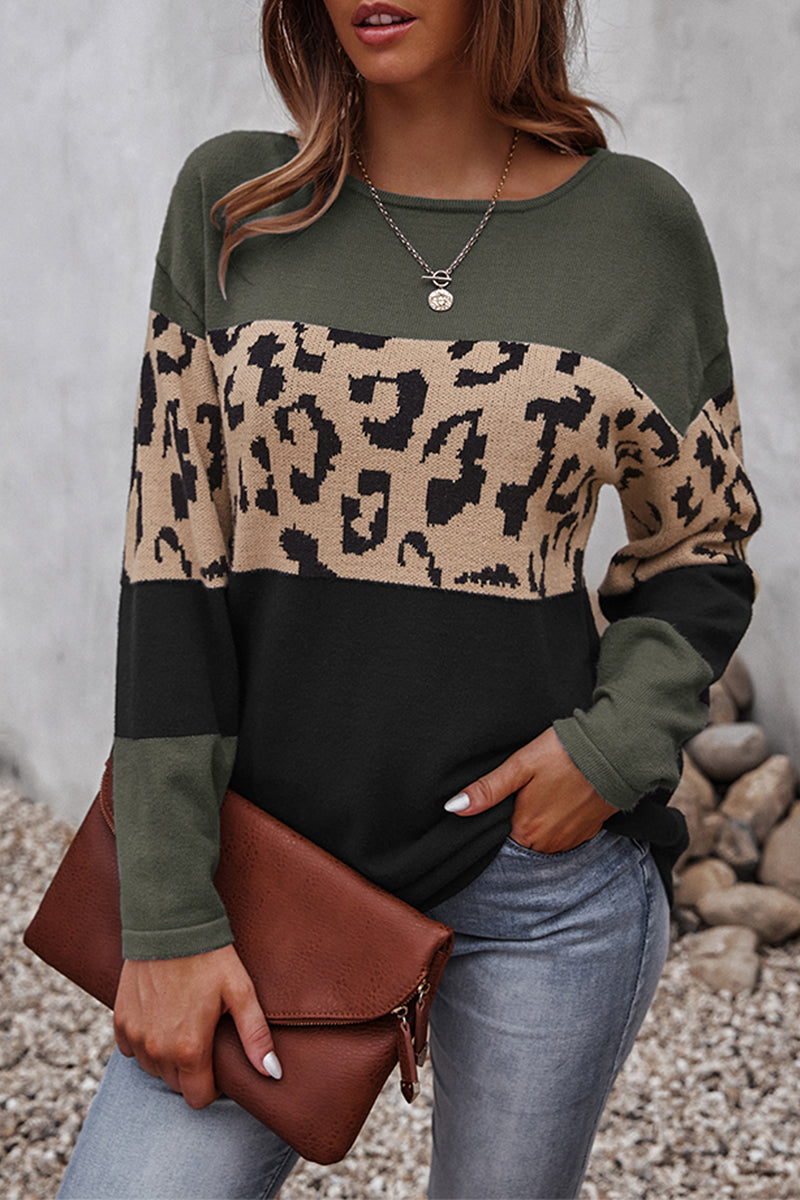 Tops casuales de cuello redondo con contraste y patchwork de leopardo