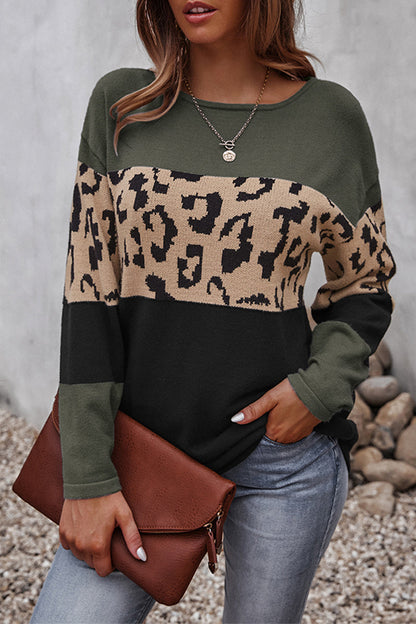 Tops casuales de cuello redondo con contraste y patchwork de leopardo