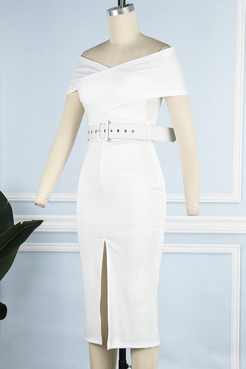 Vestidos sexis elegantes de un solo color con cinturón, escote en V y falda de un solo paso (8 colores)