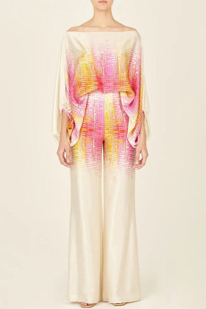 Conjunto informal elegante con estampado de patchwork y hombros descubiertos, manga larga, dos piezas (11 colores)