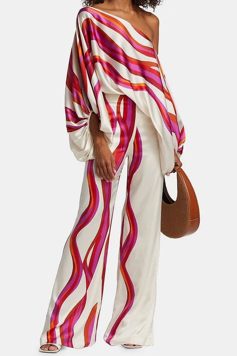 Conjunto informal elegante con estampado de patchwork y hombros descubiertos, manga larga, dos piezas (11 colores)