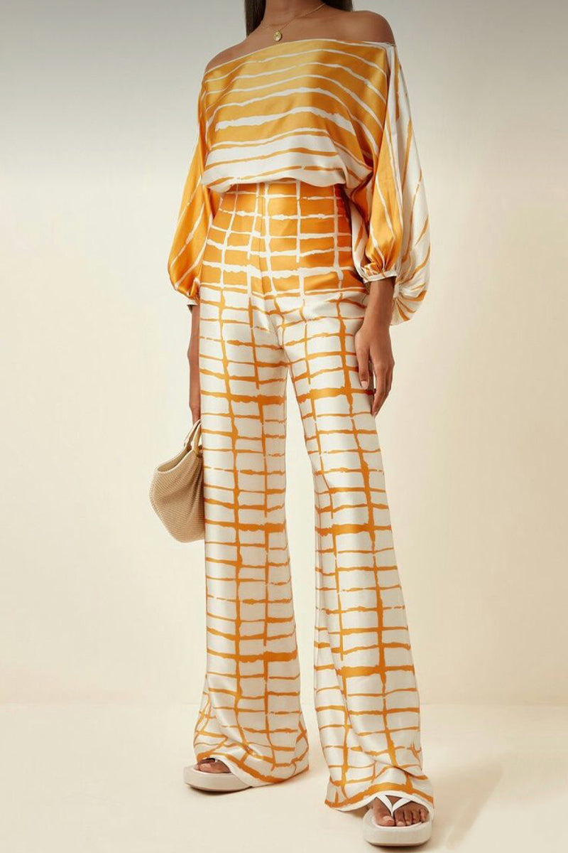 Conjunto informal elegante con estampado de patchwork y hombros descubiertos, manga larga, dos piezas (11 colores)