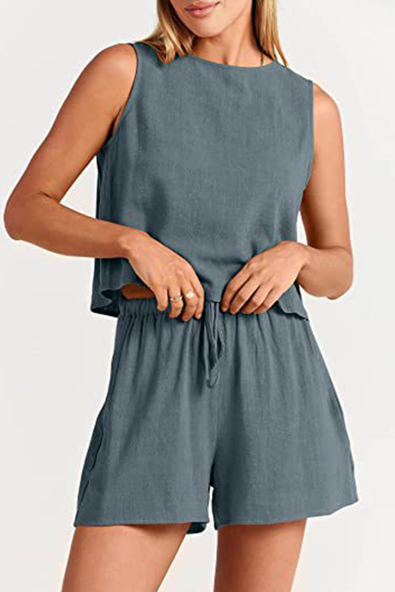 Conjunto informal sencillo de dos piezas, liso, con frenillo y cuello redondo, sin mangas