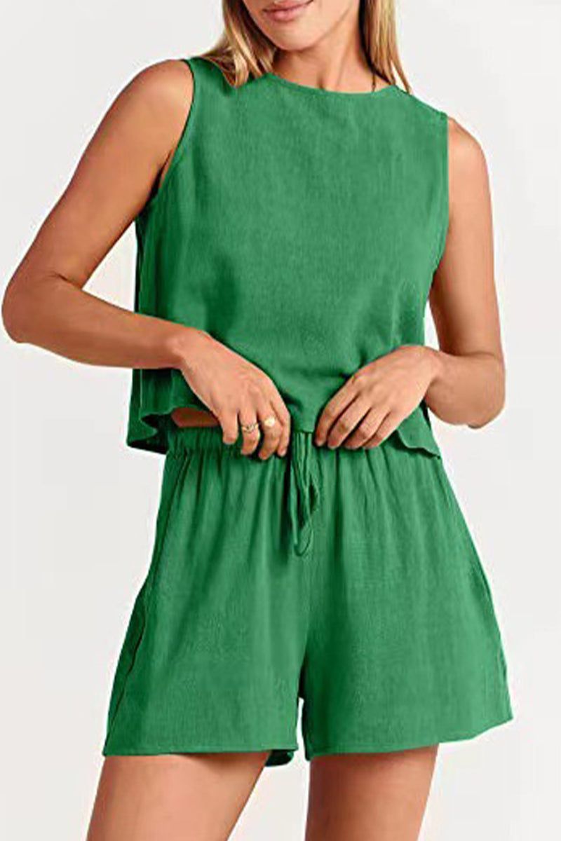 Conjunto informal sencillo de dos piezas, liso, con frenillo y cuello redondo, sin mangas